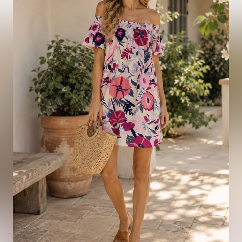LOFT Floral Dress Cottagecore Pink Blue Cream Dress Off shoulder On shoulder